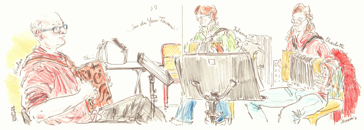 Dessin de l'atelier accordéon réalisé par Fanny Marais et exposé dans le hall de la Maison de quartier en mars 2026.